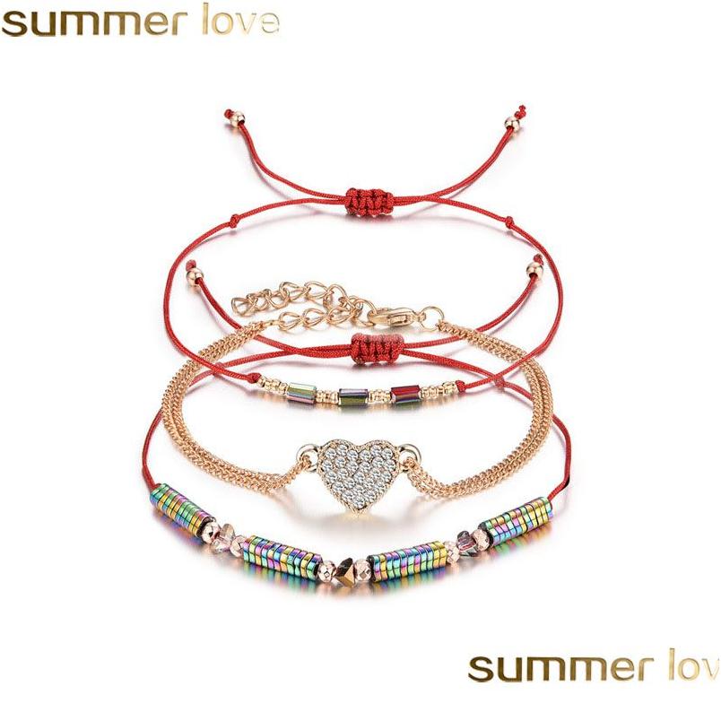 

Charm Bracelets Transmit Love 3Pcs/Lot Bracelet For Woman Natural Stone Crystal Rice Beads Woven With Heart Shape Jewelry Best Gifts Dhb2X