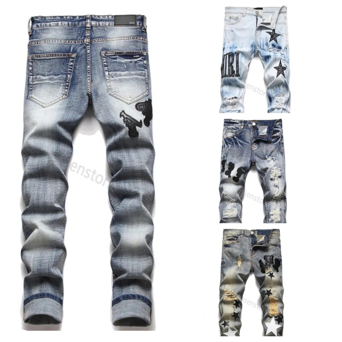 

Men's miri Jeans European Jean Hombre Letter Star Men Embroidery Patchwork Ripped For Trend Brand Motorcycle Pant Mens Skinny long Am jeans pants denim, The same as real