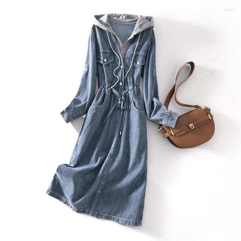 

Casual Dresses Women's Loose Hooded Denim Dress Female Spring Autumn Long Sleeve Pullover Drawstring Cowboy, Denim blue