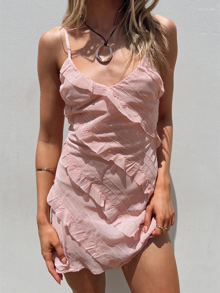 

Casual Dresses Summer Party Club Mini Dress Women Sleeveless Sling Bodycon Solid V-Neck Spaghetti Strap Ruffles Backless, Pink