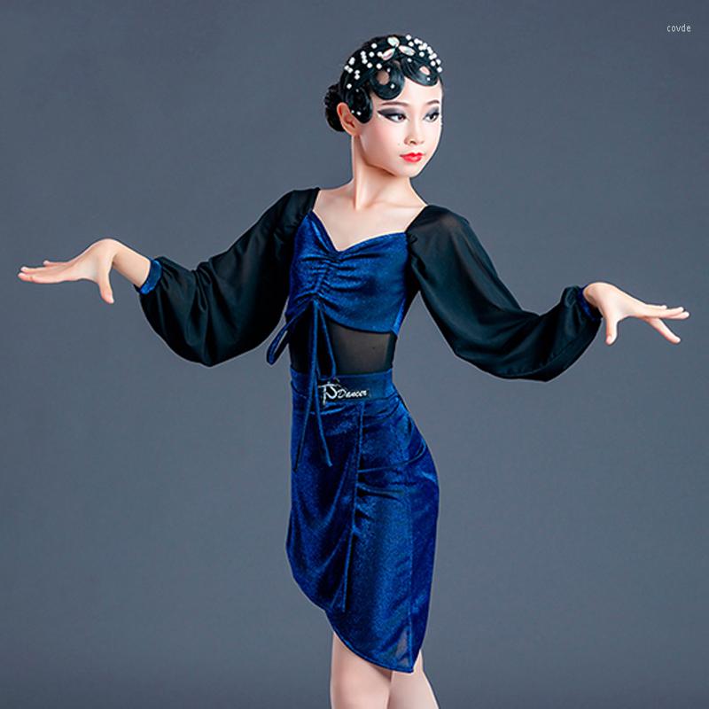

Stage Wear 2023 Kids Latin Dance Costume Girls Ballroom Dancing Dress Puff Sleeves Blue Sequin Competition Samba Practice BL5162