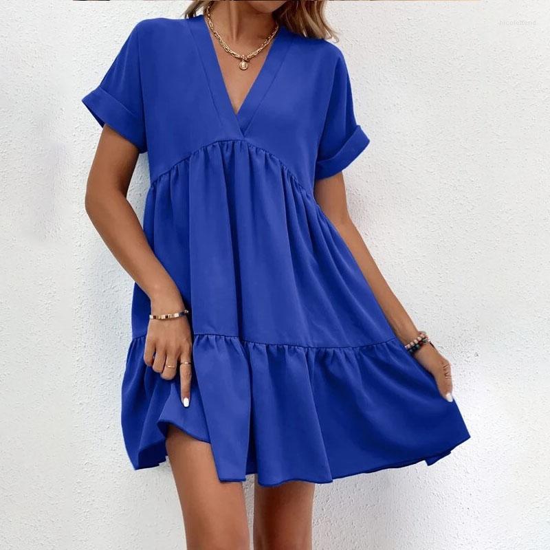 

Casual Dresses Women Short Sleeve Mini Dress 2023 Spring Summer V-neck Loose Cute Solid Big Hem Beach Robe De Plage, Dark blue