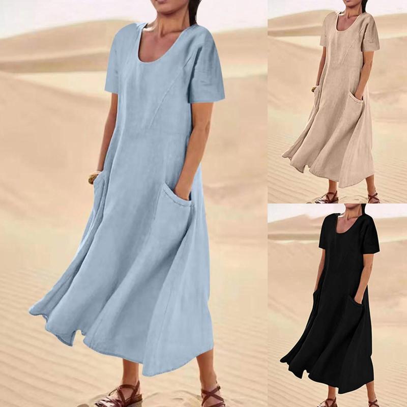 

Casual Dresses Women Solid Dress Round Neck Short Sleeve Pocket Splice Loose, Blue