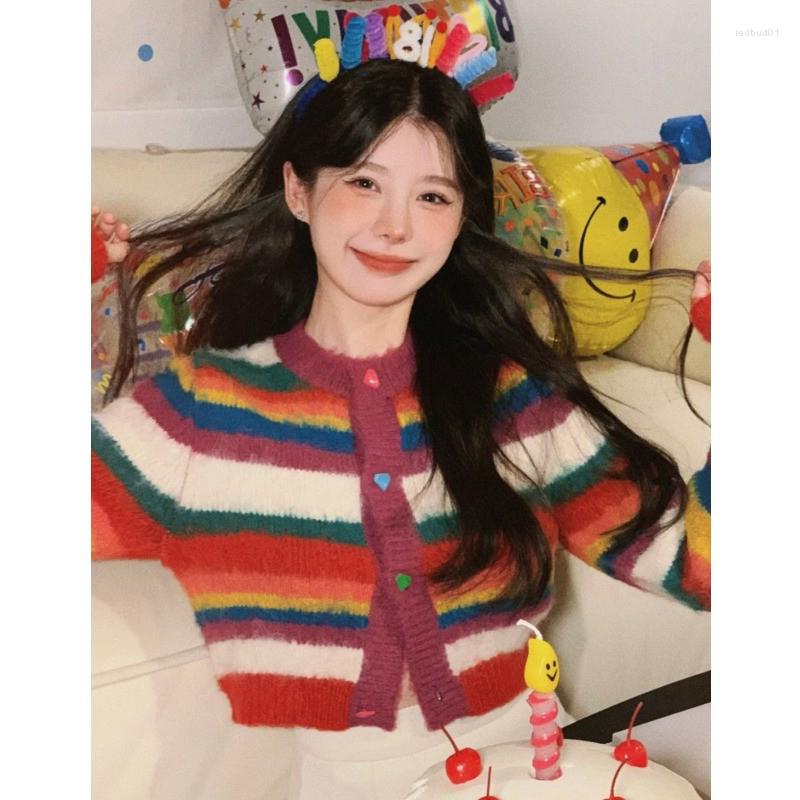 

Women' Knits 2023 Cropped Cardigan Vintage Y2k Tops Contrast Rainbow Stripe Knitted Sweater Women Sueters Mujer Pull Femme Coat Spring, Photo