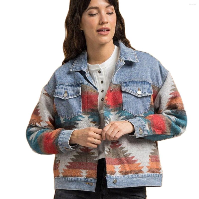 

Women' Jackets Western Vintage Boho Patchwork Jacket Bohemian Aztec Denim Coat Geometric Jeans Tribal Shirt Slit Button Outwear ForWinter, Blue