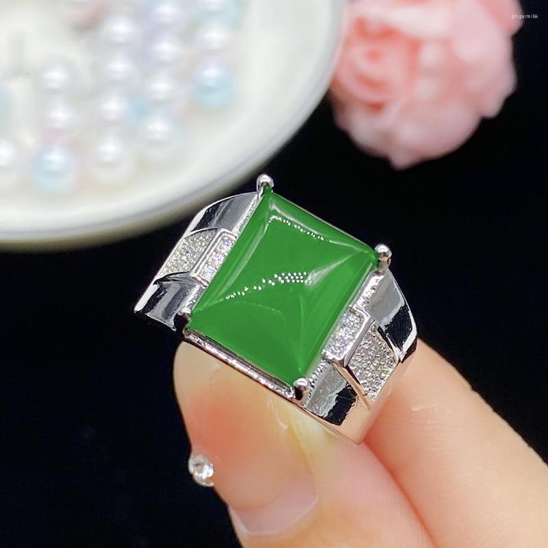 

Cluster Rings Natural Green Hetian Jade A Gemstone Adjustable Ring 20x15mm Jewelry 925 Silver Women Men Rectangle Beads
