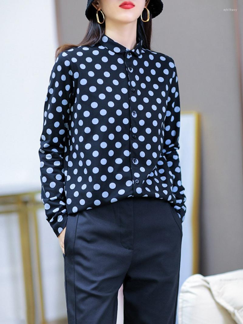 

Women's Blouses Polka Dot Shirt Collar Women Slimming Shirts Elegant Buttoned Round Neck Long-sleeved Inner Elastic Knitted Blouse Tops, Gray dots