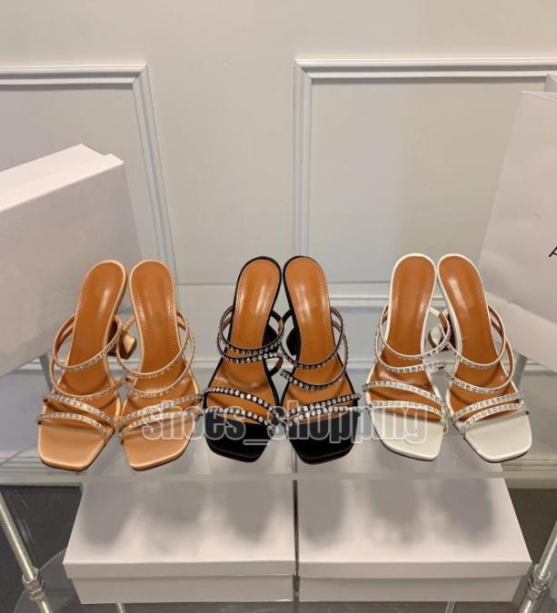 

AMINA MUADDI Sandals Transparent Crystal spool high Heel Slippers Women Summer Style Amina Fashion Wine Glass With Square Toe7782966, Black