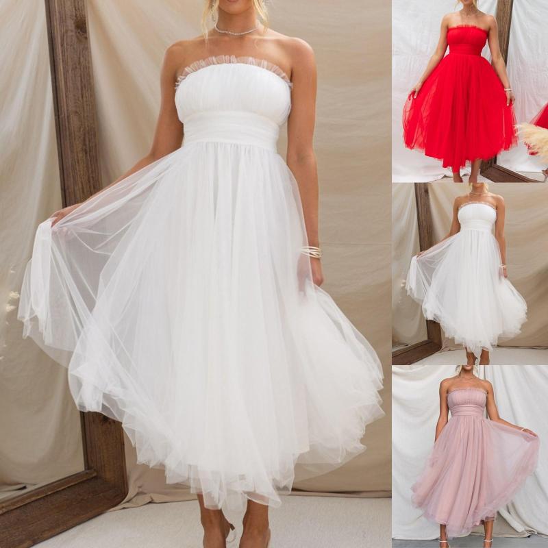 

Casual Dresses Formal Occasion For Women Tulle Dress Short Puffy Prom Strapless Mesh Ruffle Cocktail Party Off Shoulder, Pink