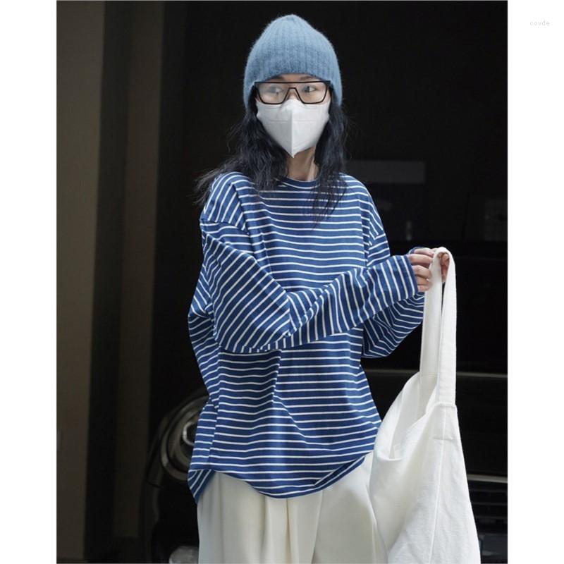 

Women' T Shirts Summer Korean Contracted Stripe T-shirt Restoring Ancient Ways Round Collar Show Thin Loose Long-sleeved Casual Coat Female, Blue