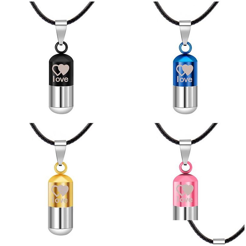 

Pendant Necklaces Stainless Steel Urn Cremation Ashes Necklace For Women Men Family Heart Save Love Open Locket Leather Chain Couple Dhxbc