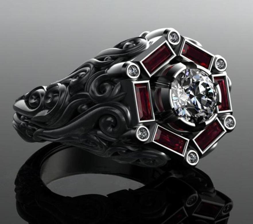 

Fashion Black Gold Sapphire Wedding Ring Stainless Steel Material Neutral Ruby Diamond Black Pattern Engagement Anniversary Party 6595183
