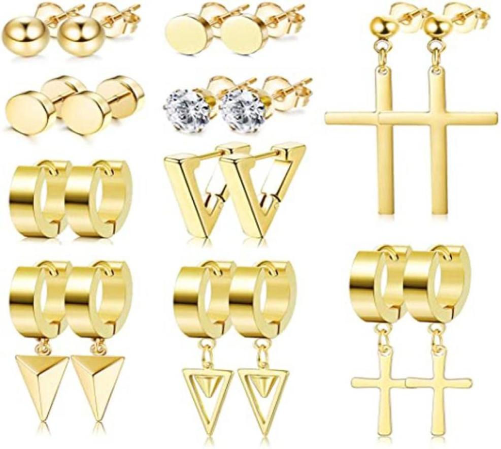 

Stud 10 Pairs Of Stainless Steel Earrings Set Men And Women Cross Triangle Pendant Hinged Ring Round Punk Gold6860390