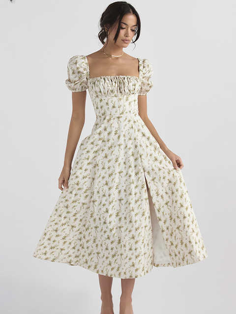 

Vintage Print Short Puff Sleeve Midi Sundress Lady Sweet Summer Long Dress High Waist A Line Vacation Outfits Dresses, Pink