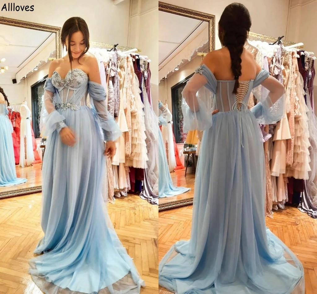 

Sweetheart Long Sleeved Formal Evening Dresses Light Sky Blue Lace Appliqued Plus Size Prom Gowns Tulle A Line Arabic Aso Ebi Second Reception Party Dress CL2300, Chocolate