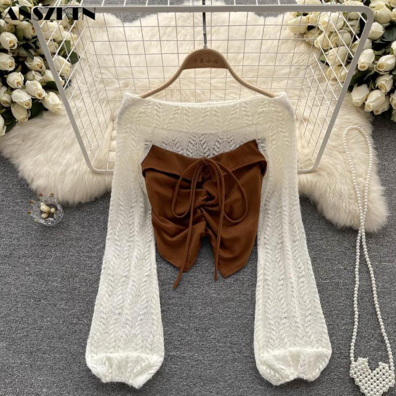 

Casual Dresses Spring ANSZKTN Elegant Off-shoulder Shirt Women Lace Stitching Two-piece Slimming Blouses Lady Irregular Knit Top, Black