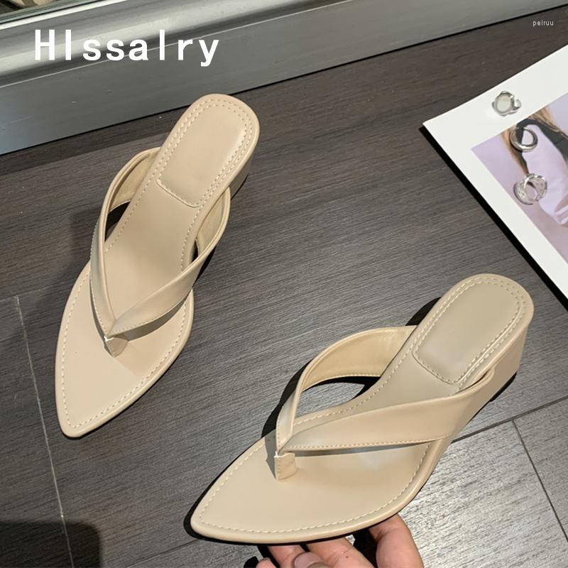 

Slippers Hlssalry High Quality Cozy Leather Pinch Narrow Band Wedge Flip Flops Women Summer Sandals Shallow Slides Shoes Heels, White