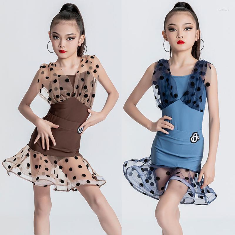 

Stage Wear Kids Latin Dance Dress For Girls Performance Costume Summer Practice Clothes Suit Rumba Cha DNV17634, Blue