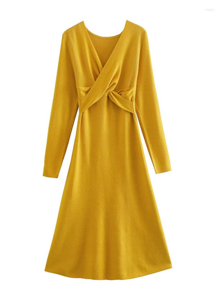 

Casual Dresses Women's Knit Dress Long Sleeves V Neck Solid Color Knitted Irregular Cross Design Knee Length Soft Skin Friendly Sweater, Black