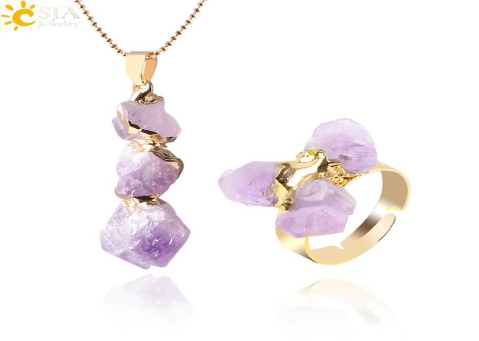 

CSJA Natural Yellow Purple Quartz Crystal Jewelry Set Irregular Amethyst Citrine Stone Bead Pendant Statement Necklace and Finger 5341853