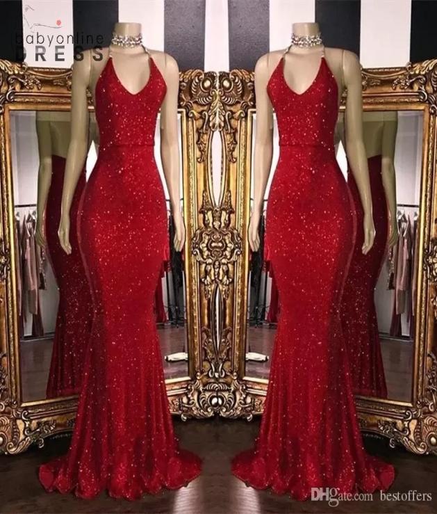 

New Sparkly Red Sequins Prom Dresses Halter Mermaid Long Prom Gowns Low Back Arabic Party Dress BC10854792157, Green