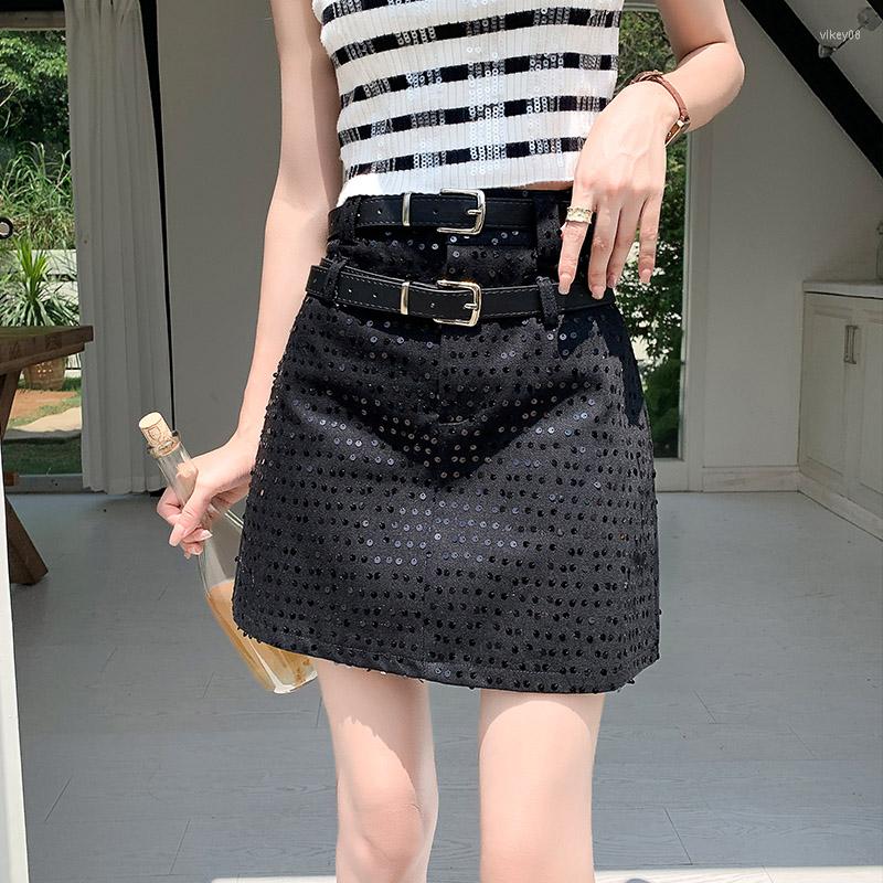 

Skirts Summer Luxury Elegant Shiny Sequin Embroidery Mini A Line Skirt Women Bottoms Saias Double Belt Office Ladies Short Jupes, Black