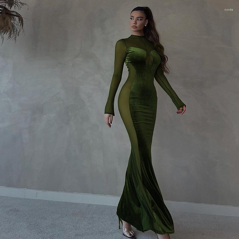 

Casual Dresses Sexy Long Dress Fall Mesh Splicing Fishtail Party Maxi For Women Y2k Clothes Club Outfits Lounge Streetwear Wholesale, Black