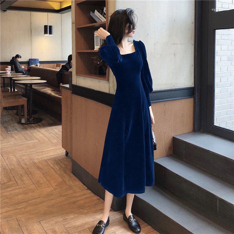 

Casual Dresses For Women Autumn Winter Velvet Skirt Square Collar Slimming Dress Vestido De Mujer, Blue