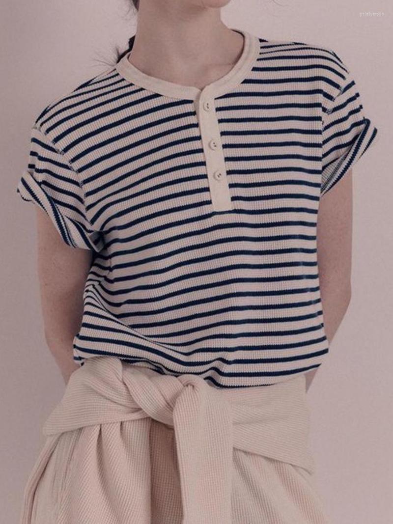 

Women's T Shirts Stripes Buttons Knitted Tshirt 2023 Summer Round Neck Short Sleeve Female Tshirts Chic Vintage Elegant Casual Classic Women, Style 1