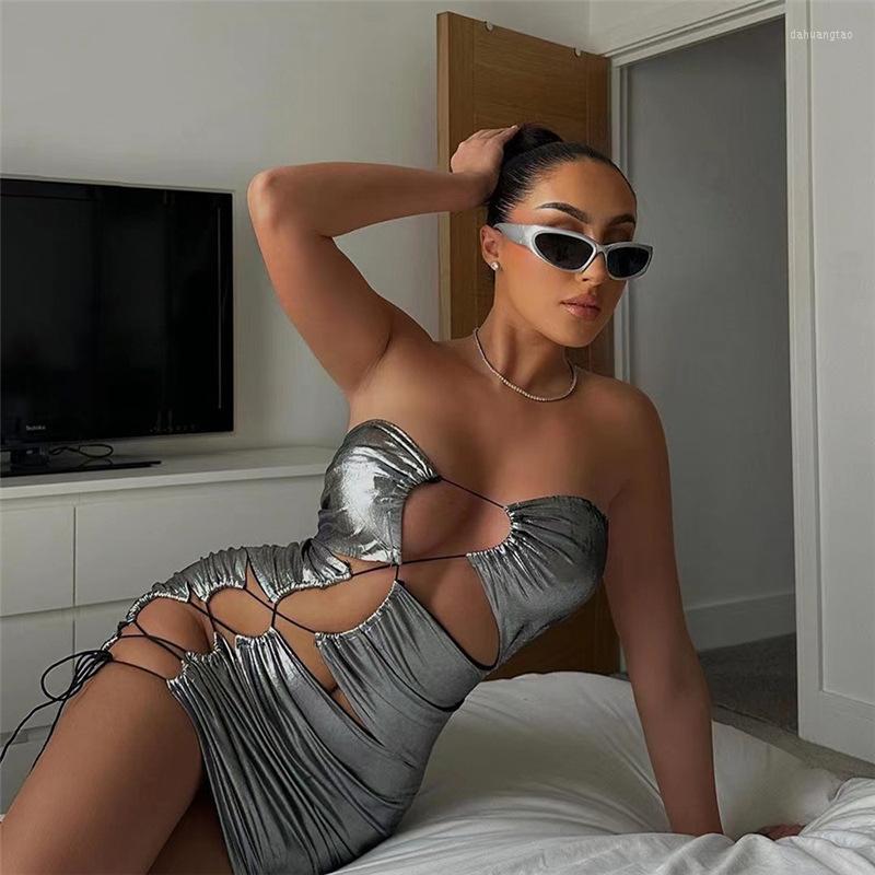 

Casual Dresses BKLD 2023 Summer In Women Clothing Fashion Wrap Chest Off The Shoulder Sexy Lace-Up Hollow Out Bodycon Dress, Silver