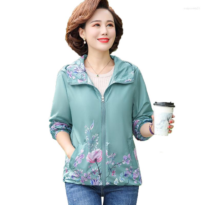 

Women's Jackets Middle-Aged Elderly Women's Outerwear Summer Thin Hooded Printed Jacket Sun Protection Clothing Female Tops Mother Dress, Green