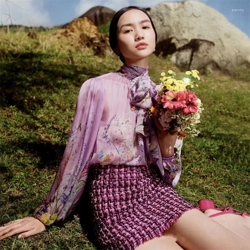 

Women' Blouses 2023 Spring Women' Scarf Collar Year Of The Printed Long-sleeved Shirt Big-name Y2k Purple Perspective Casual, Picture color