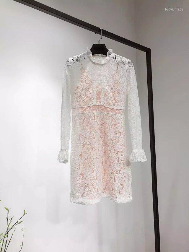 

Casual Dresses White Hollow Out Lace Short Mini Dress With Long Sleeve & Ruffled Neck