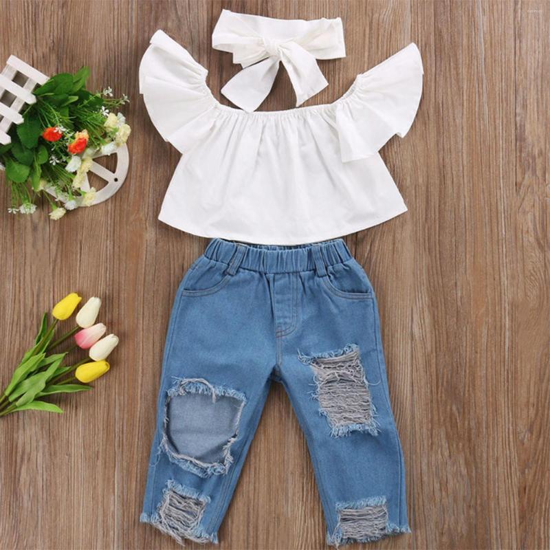 

Clothing Sets Summer Toddler Infant Baby Kids Girls Solid Colors Short Sleeve Top Ripped Denim Pants Jeans 3 Piece Headbands Outfits Set#g4, White