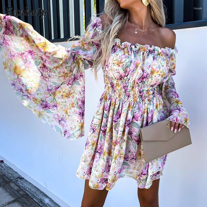 

Casual Dresses Women Elegant Solid Beach Mini Dress Fashion Slash Neck Chiffon Ladies Summer Flare Long Sleeve Party Vestido, 01 white