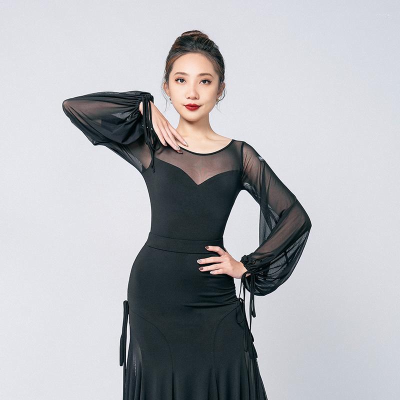 

Stage Wear Modern Dance Tops Women Latin Training Suit Mesh Gauze Long Sleeve Green/Black Shirt Ballroom Costumes DWY8805, Green tops