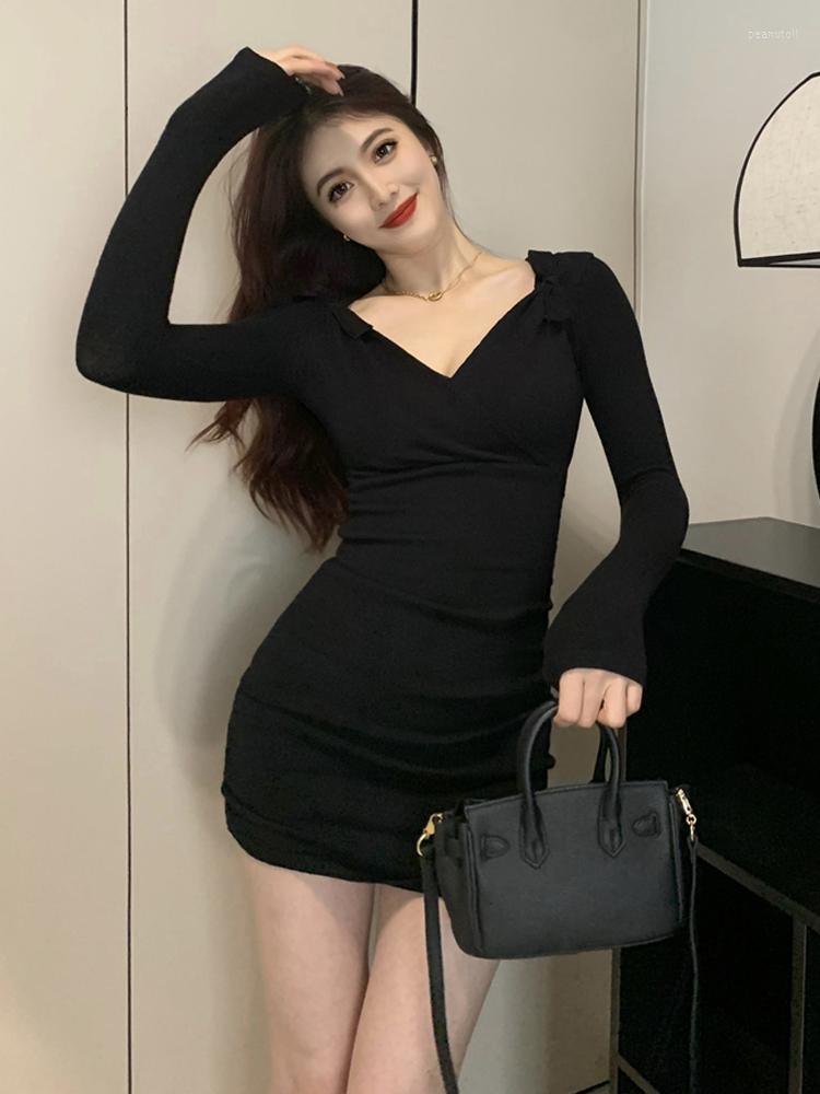

Casual Dresses 2023 Autumn Winter Elegant Knitted Women Bow Deep V Neck Ladies Fashion Long Sleeve Solid Slim Stretch Sexy Dress, Black