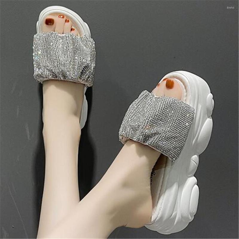 

Slippers Summer Rhinestone Women Thick Sole Shoes Outdoor Flip Flops Lady Beach Slides White Wedges Heels Platform Sandals Black