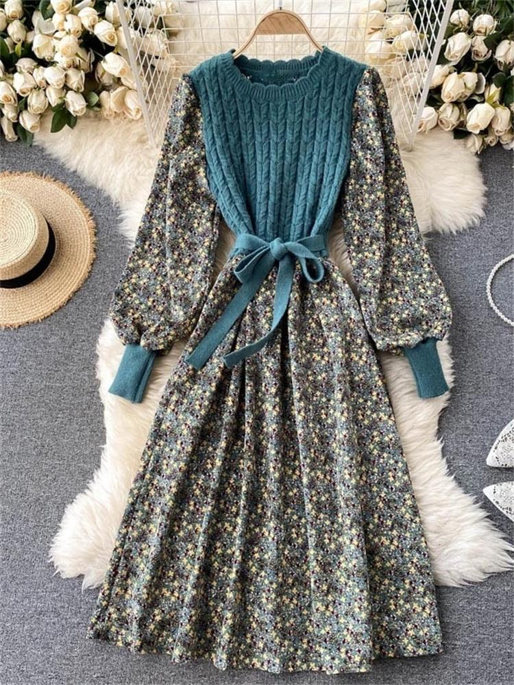 

Casual Dresses Korean Fashion Knitted Patchwork Corduroy Dress For Women 2023 Vintage Lantern Sleeve Floral Print Elastic Loose, Coral red
