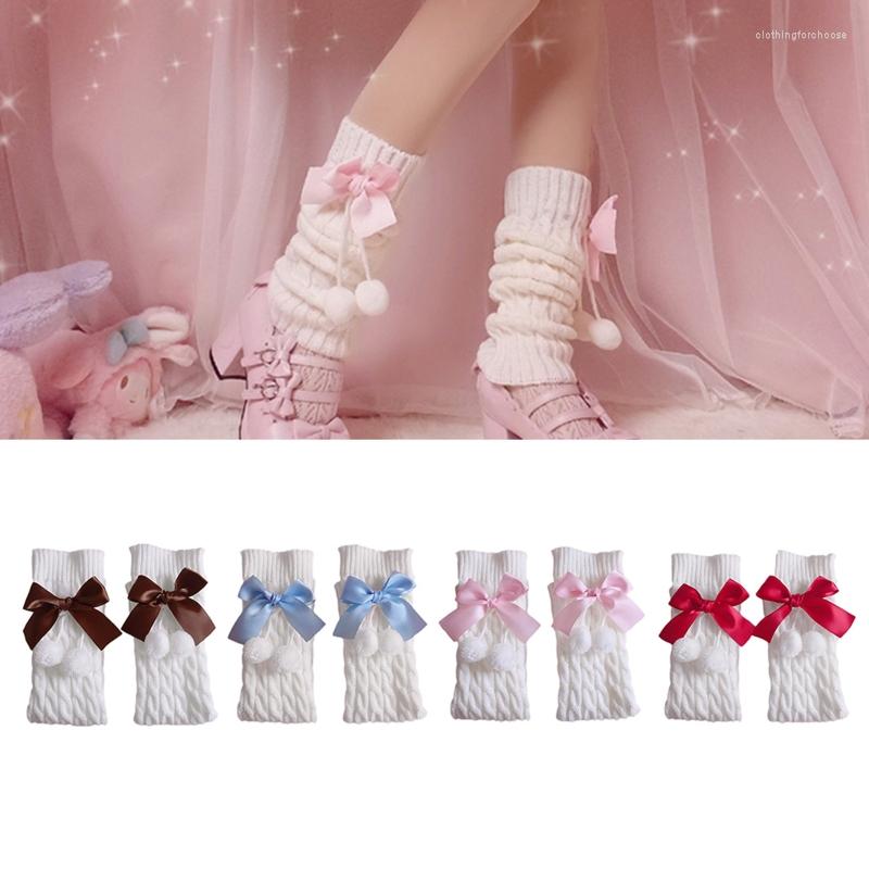 

Women Socks Japanese Preppy Style Girls Sweet Bow Plush Ball Boot Cuffs Foot Cover Chunky Twist Cable Knitted Knee, Pink