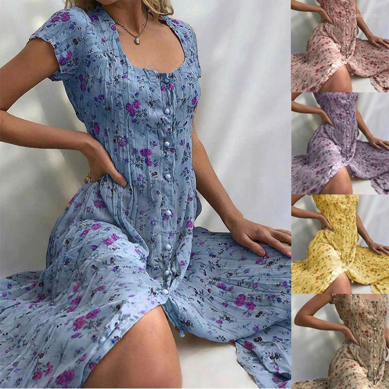 

Casual Dresses Summer 2023 Single-Breasted Floral Short-Sleeved Dress, Beige