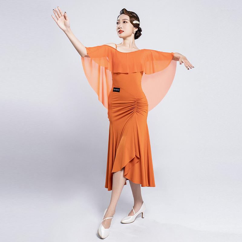 

Stage Wear Ballroom Dance Dress Off-Shoulder Tango Costume Black/Orange Prom Dancewear Adult Women Waltz Competition DL10454