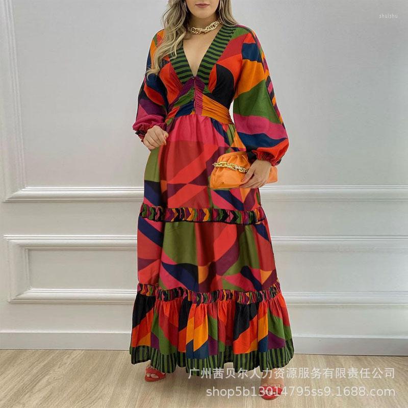 

Casual Dresses Geometric Print Lantern Sleeve Maxi Dress 2023 Fashion Long Deep V Neck Women Spring Autumn Ladies Robe