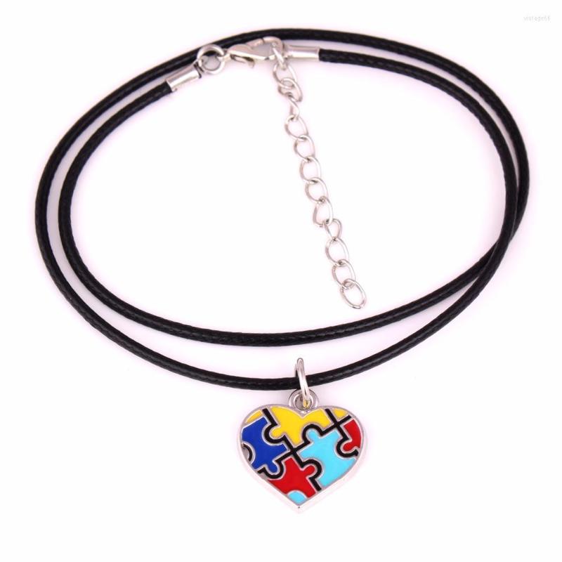 

Pendant Necklaces Drop Autism Hope Jewelry Heart Puzzle Piece With Leather Rope Chain ID Necklace Awareness