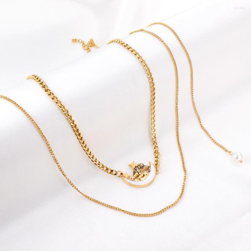 

Pendant Necklaces 2023 Fashion Moon With Astronaut Shell Necklace For Female/Male Triple Layer Birthday Jewelry Collares Para Mujer