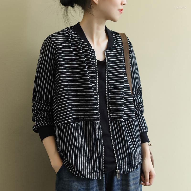 

Women's Jackets 2023 Spring Autumn Striped Short Coats Korea Fashion Women Long Sleeve Casual Cotton Loose Zipper Jacket, Stripe