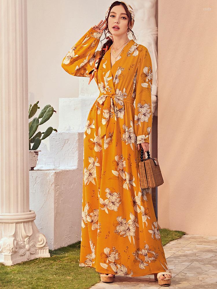 

Casual Dresses Women Elegant Maxi 2023 Spring Summer V-Neck Long Sleeve Floral Print Belt Turkish Evening Party Robe Vestido, Orange