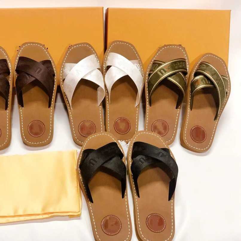 

2023 New Cross Woven Roman Slippers woody flats nylon strap slides logo women Sandals letter Print Sliders Summer shoes Wide Flats Lady mules designer flip flops, Lvt5162