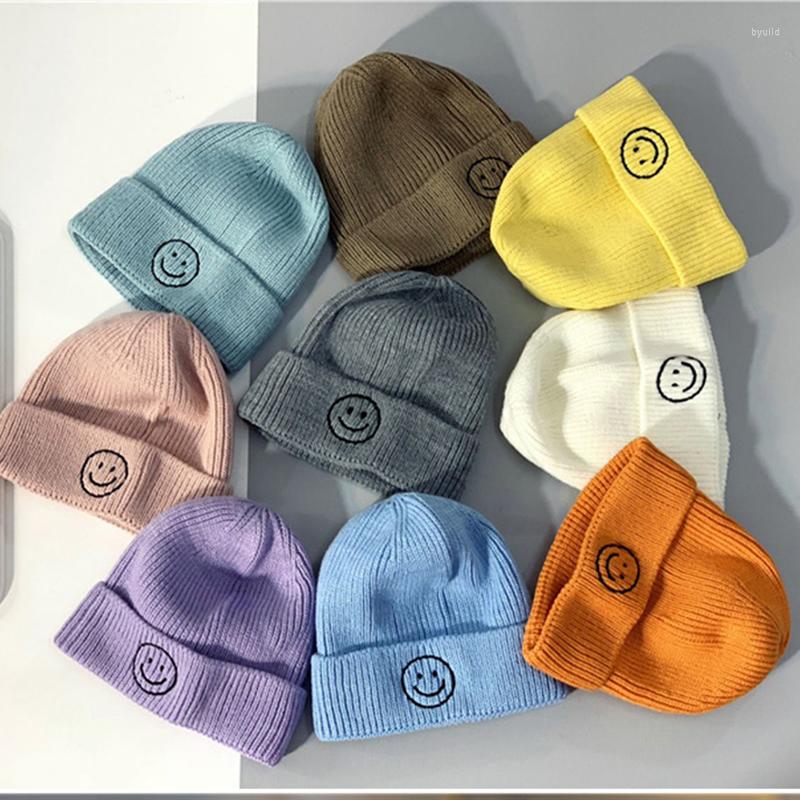 

Berets Baby Hat Solid Color Autumn And Winter Cartoon Smile Embroidery Kids Knitted Hats Children Warm Beanies For Babies, Black