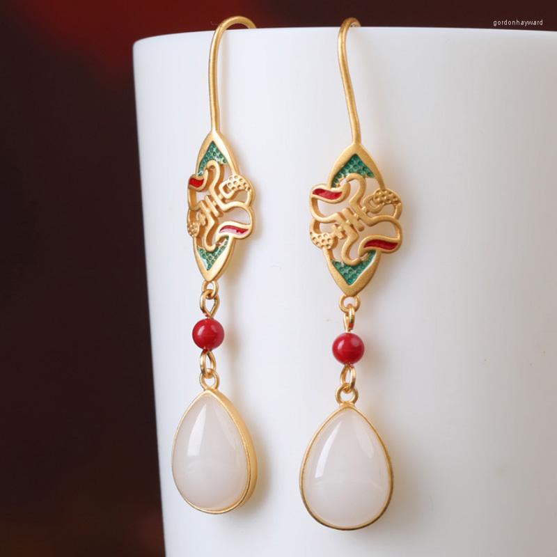 

Dangle Earrings In Ancient Gold Craft Retro Enamel Natural An Jade Water Droplets For Women Chinese Style Engagement Jewelry